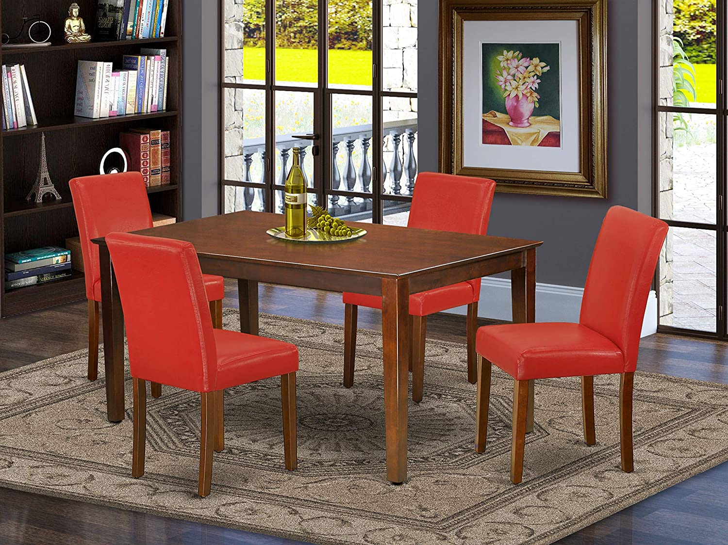 East West Furniture CAAB7-OAK-55 7Pc Rectangle 60" Dining Table And 6 Parson Chair With Oak Leg And Pu Leather Color Oasis, 7 Pieces