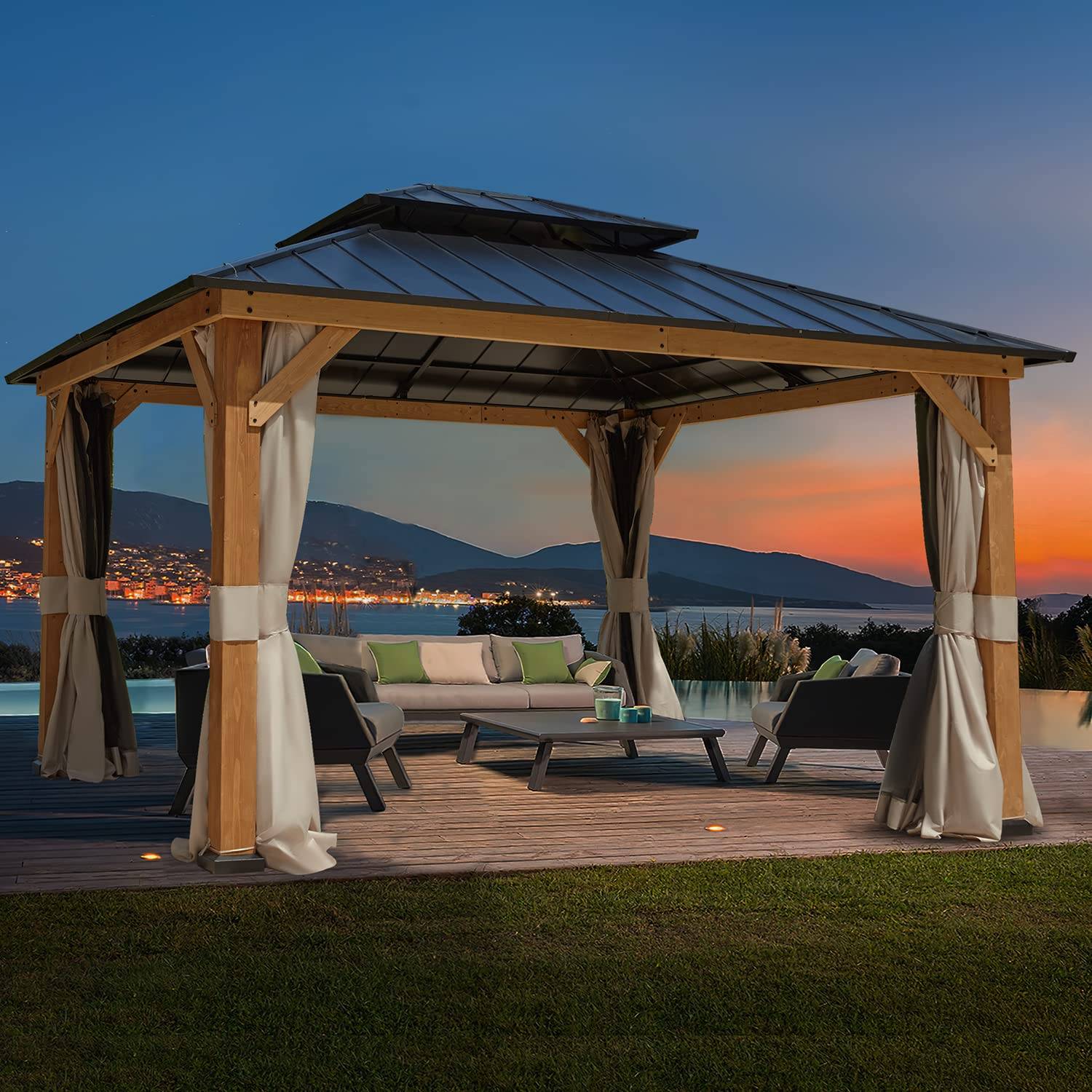 【Gazebo】11x13 Spruce Wood Gazebo, Outdoor Hardtop Gazebo with Privacy Curtains & Mosquito Netting
