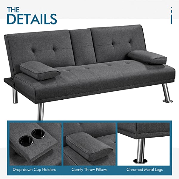 YAHEETECH Linen Fabric Modern Sofa Bed Sectional Couch Bed Folding Recliner Sleeper Reversible Loveseat Convertible Daybed, 2 Cup Holders, 3 Angles, 772lb Capacity, Removable Armrests, Dark Gray