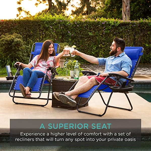 Best Choice Products Set of 2 Adjustable Steel Mesh Zero Gravity Lounge Chair Recliners w/Pillows and Cup Holder Trays - Burgundy
