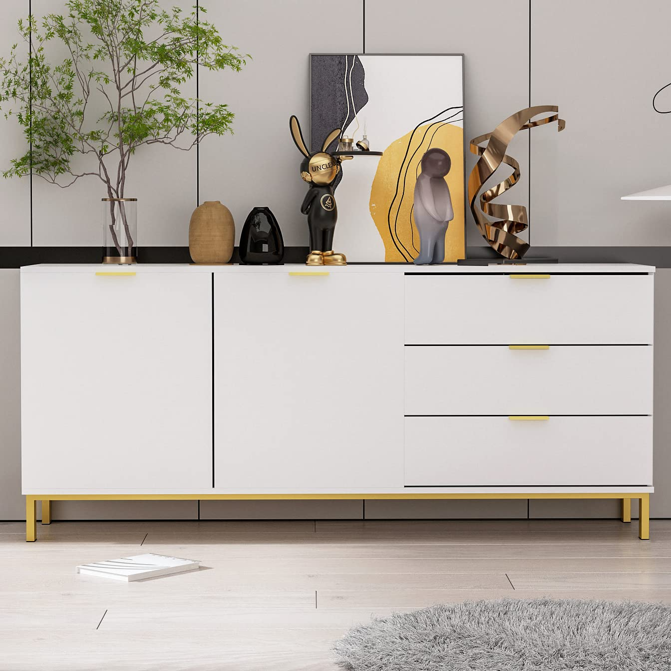 【Furniture】Buffet Sideboard with 3 Drawers & 2 Doors Storage, Buffet Cabinet Sideboard Credenza Coffee Bar Cabinet