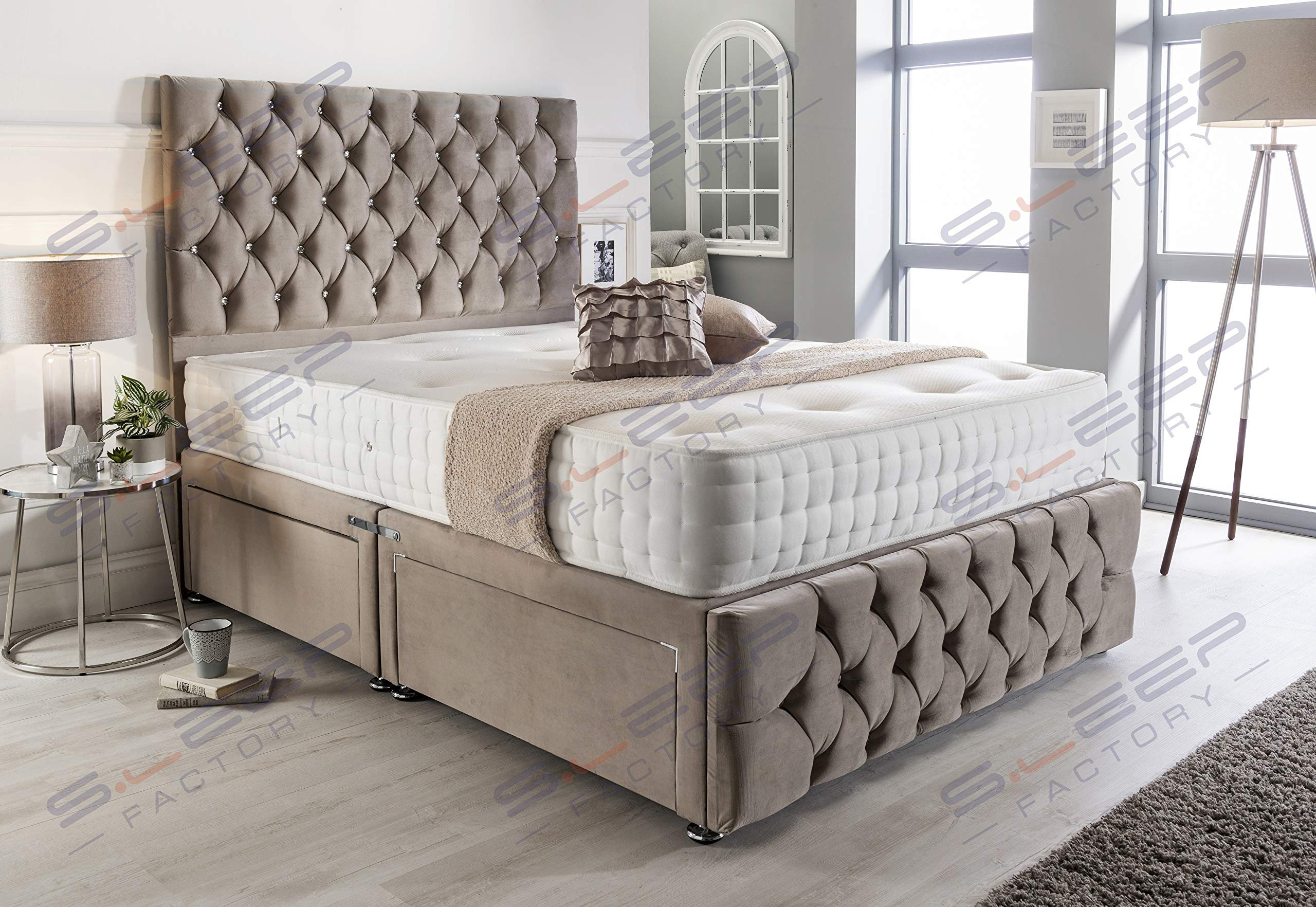 【Furniture】Pebble Plush Velvet Chesterfield 2 Drawer Divan Bed Set, Mattress & Headboard
