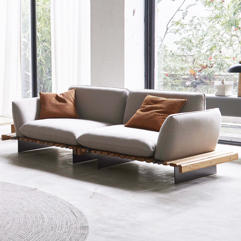 Mid-Century Linen Blend Modular Sofa, Rustic Slatted Deep Sofa with Round Arms, Elmwood Frame, 98.43