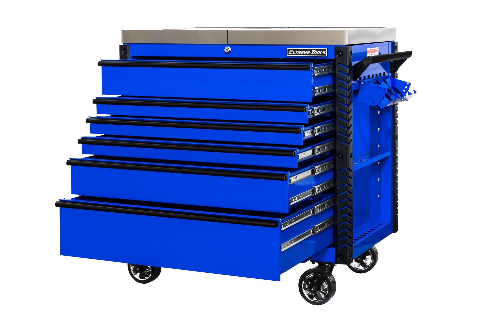 n- used toolboxExtreme Tools 41 6-Drawer Deluxe Tool Cart with Pry Bar Holders And Stainless Steel Slide Topn-